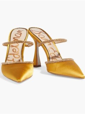 🌟🌟 Sam Edelman Gold Satin Pointed-Toe Rhinestone Strap Mules- Size (11), EUC.🌟🌟